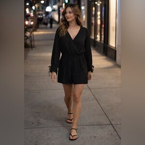 AllSaints Black Linen Romper – Long Sleeve, Tie Cuffs, Size M